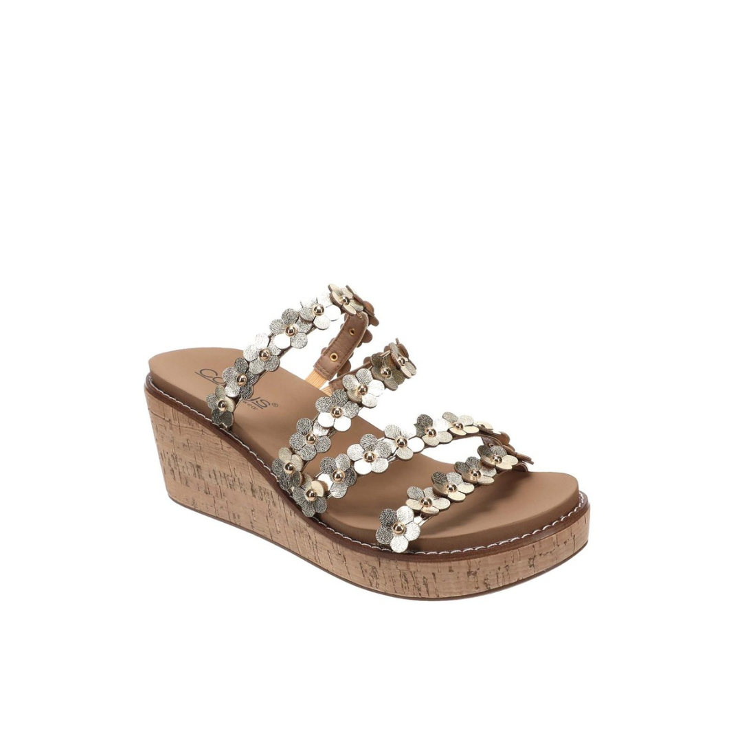 Let's Be Friends Gold Flower Wedge Shoes by Corky's