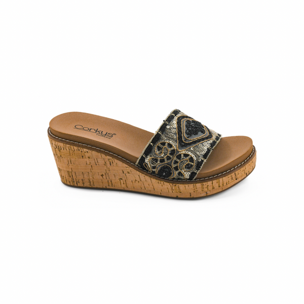 Corkys Signature Comfort Wedge Slides - Black & Gold