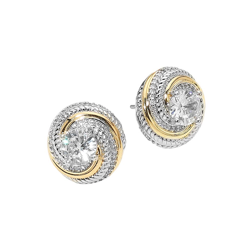 14K Gold Plated Two Tone Swirl CZ Stud Earrings