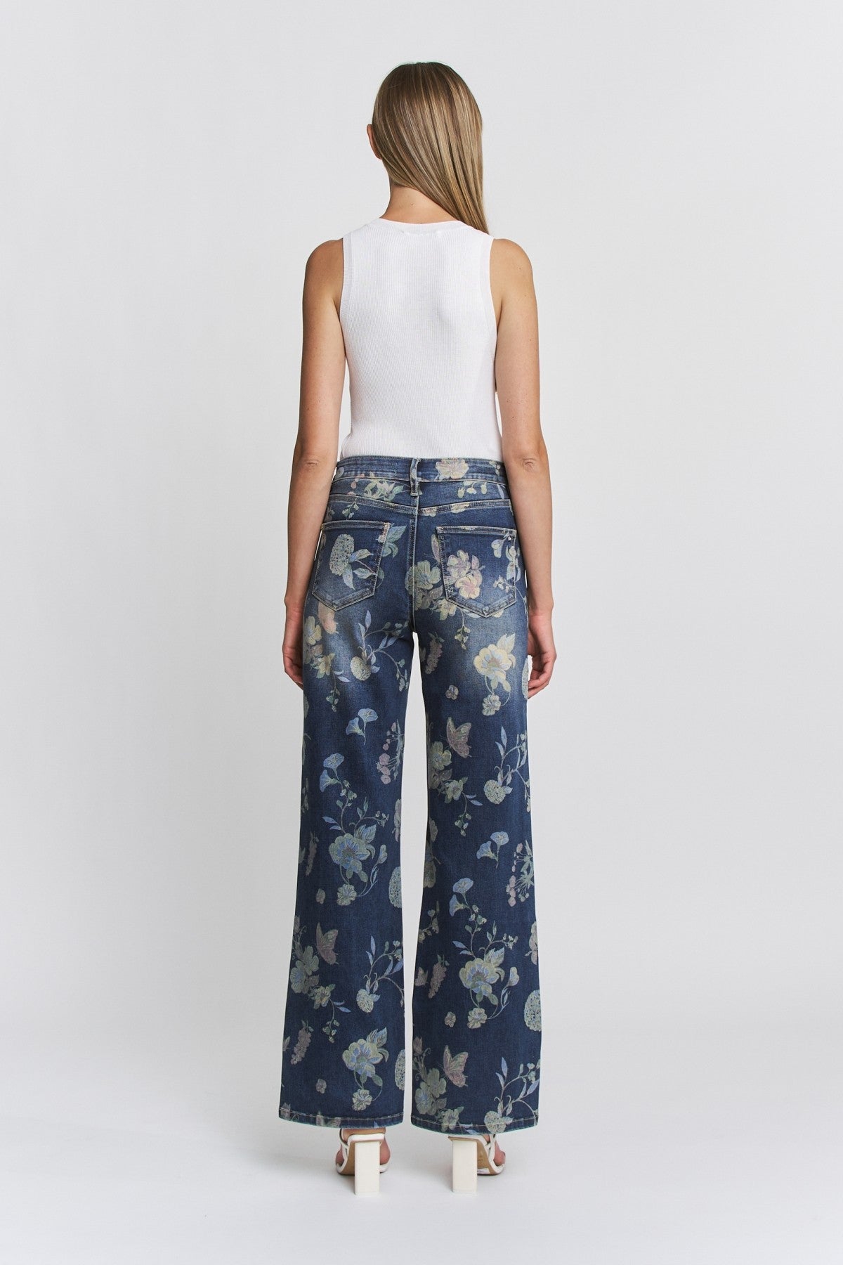 High Rise Wide Leg Embellished Floral Denim Jeans - Detail View
