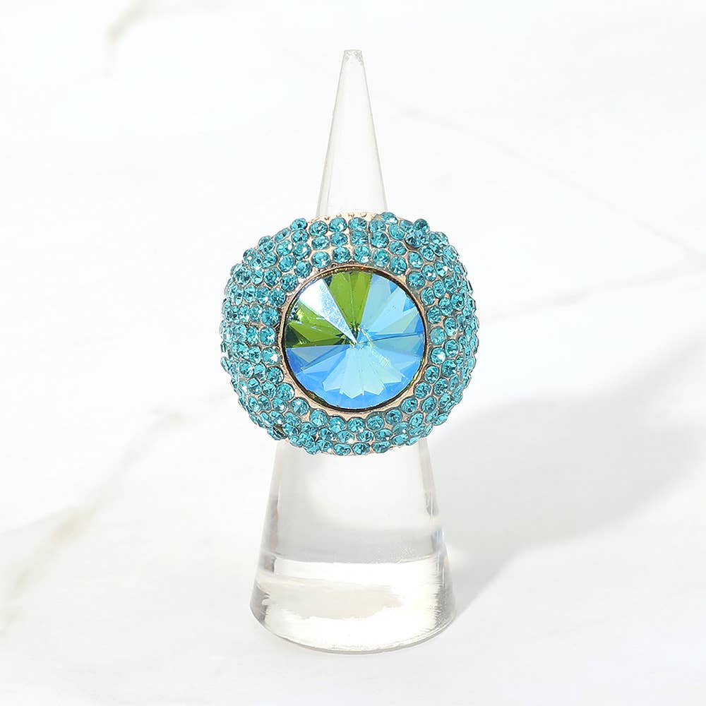 Bold Round Stone Accent Rhinestone Pave Statement Stretch Ring
