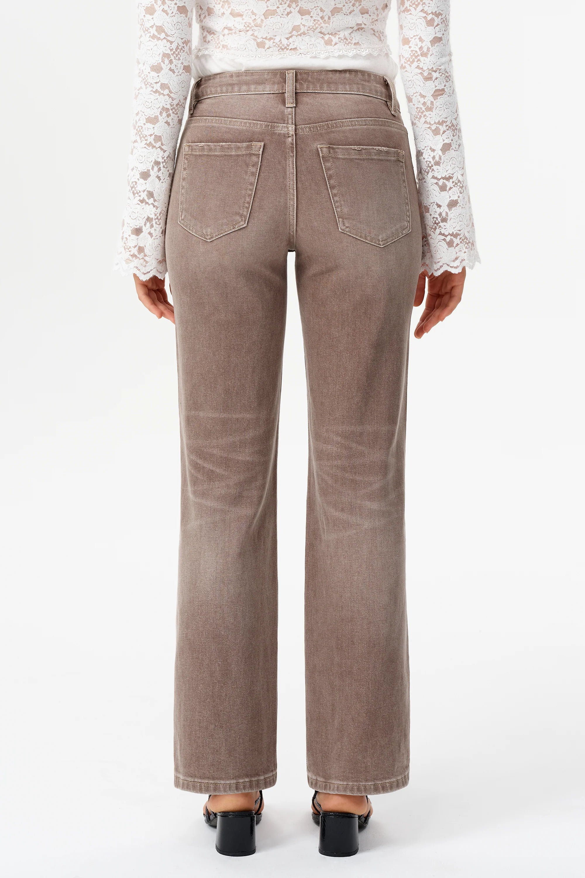 Coffee Wash Mid Rise Straight Leg Jeans