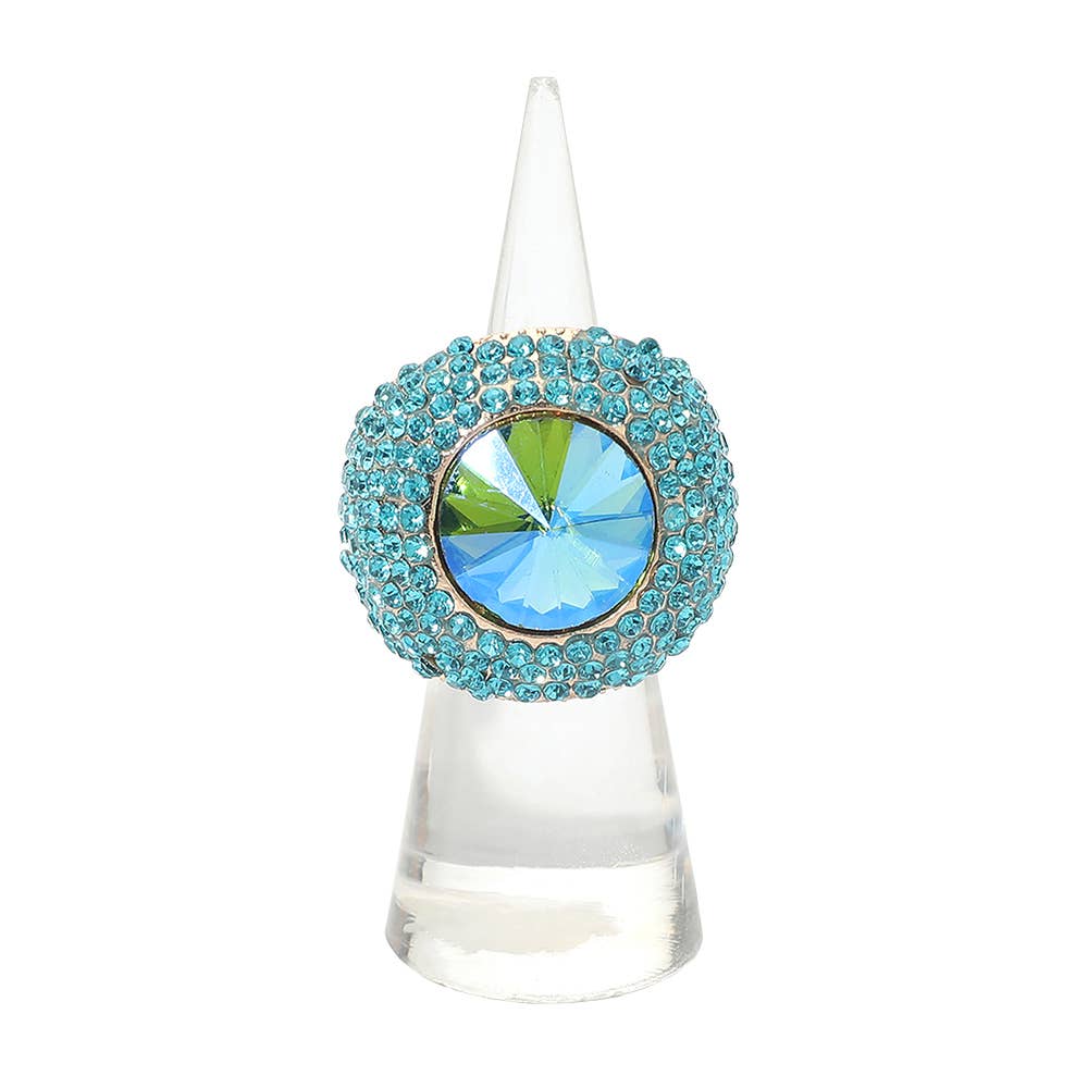 Bold Round Stone Accent Rhinestone Pave Statement Stretch Ring