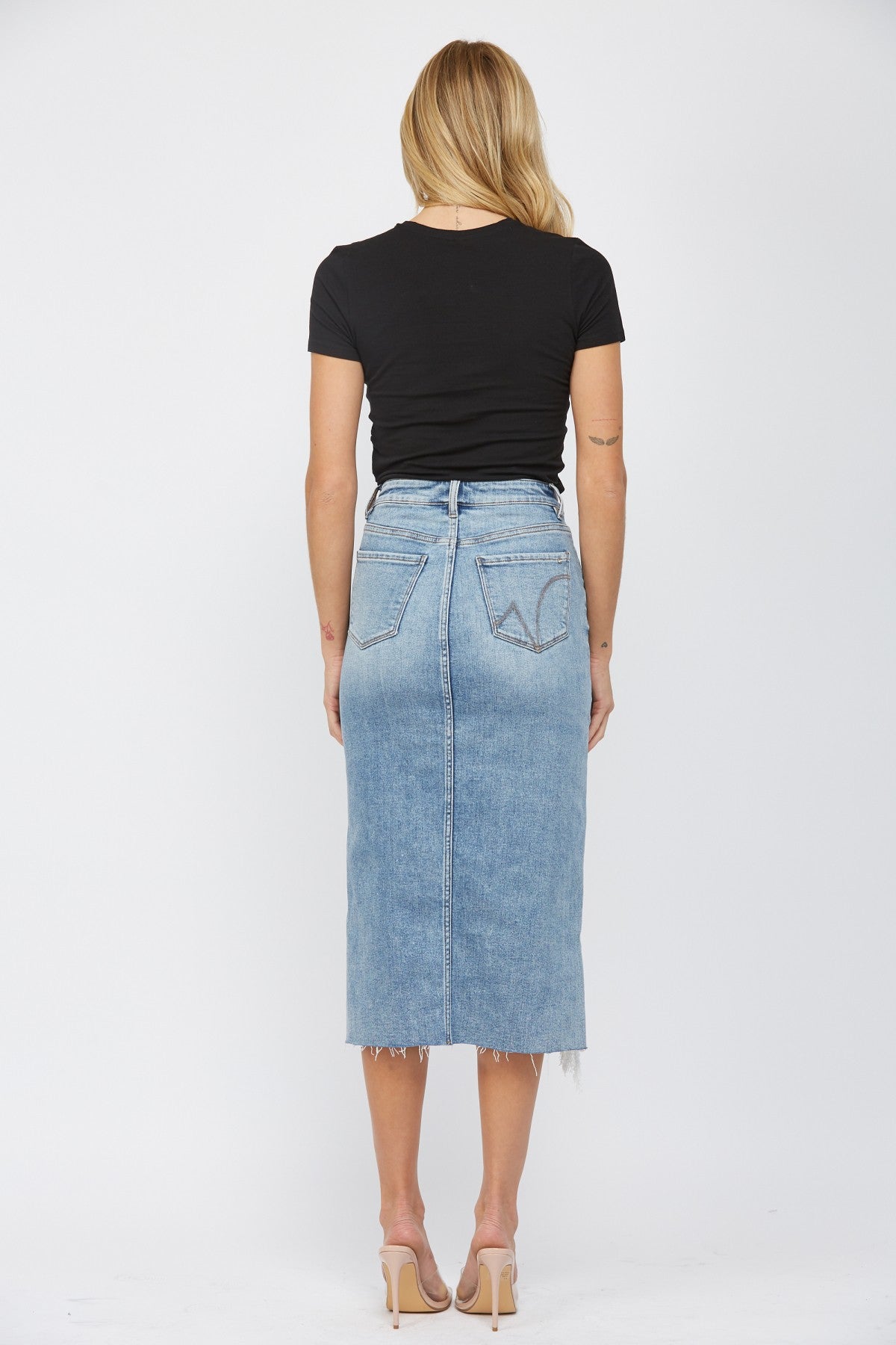 Distressed Asymmetric Hem Denim Skirt