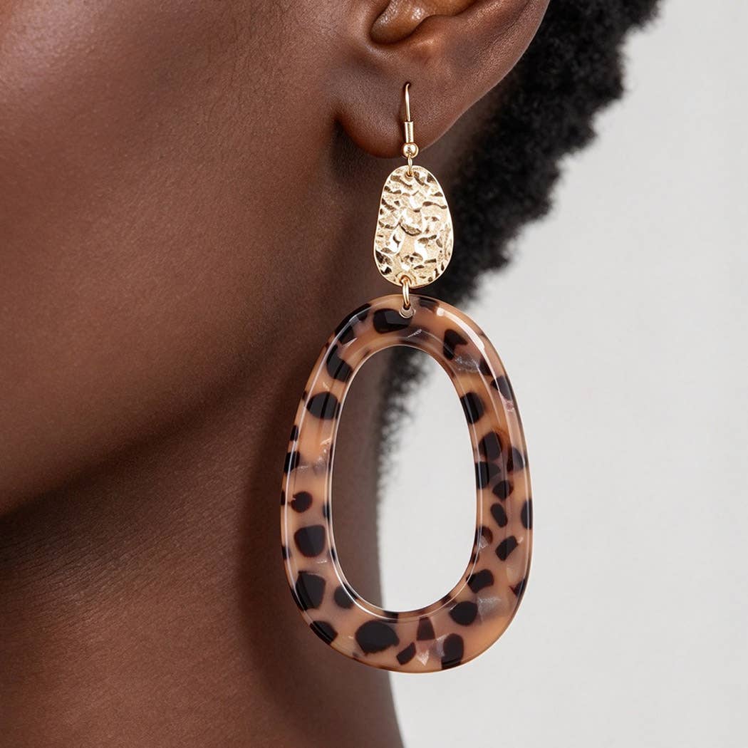 Leopard Print Resin & Hammered Gold Drop Earrings