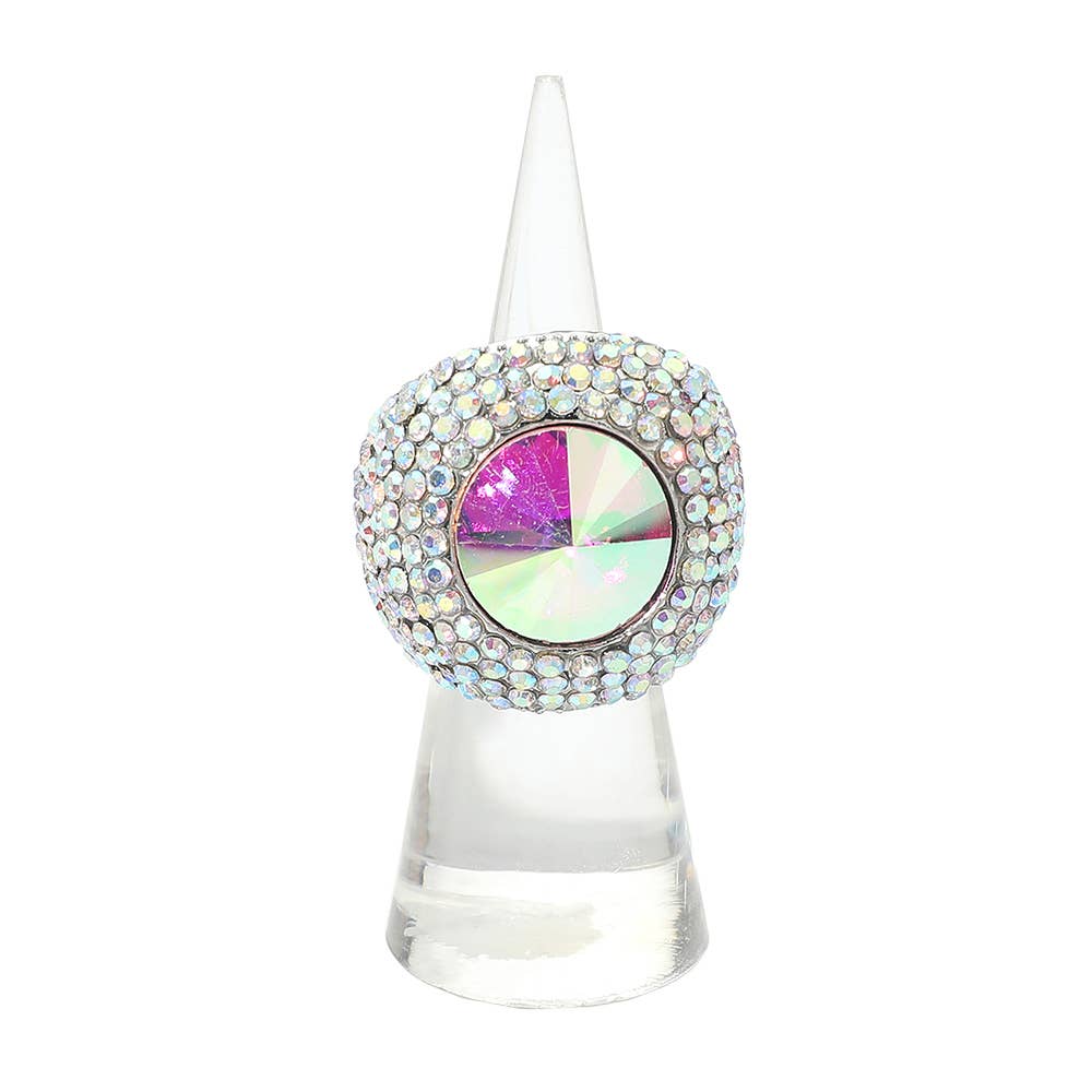 Bold Round Stone Accent Rhinestone Pave Statement Stretch Ring