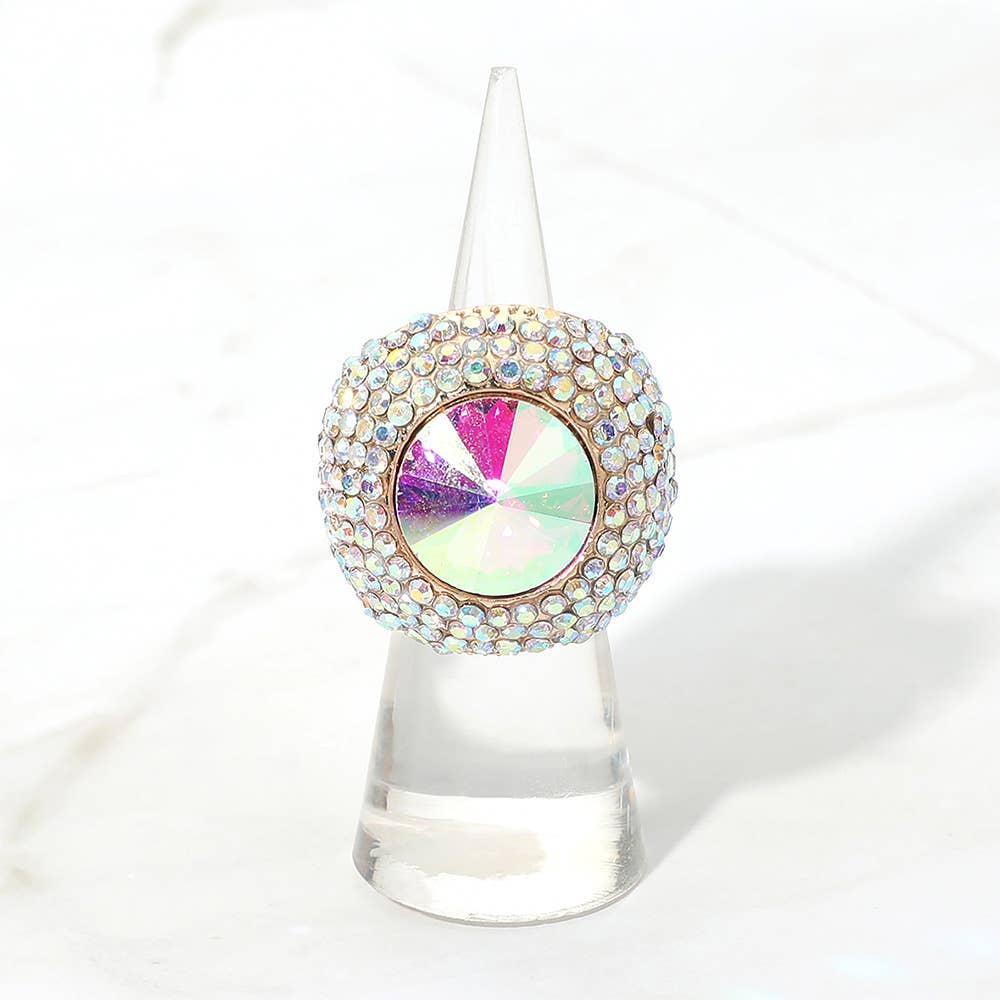 Bold Round Stone Accent Rhinestone Pave Statement Stretch Ring