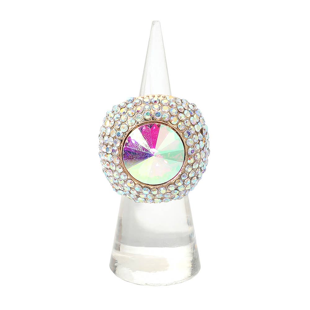 Bold Round Stone Accent Rhinestone Pave Statement Stretch Ring