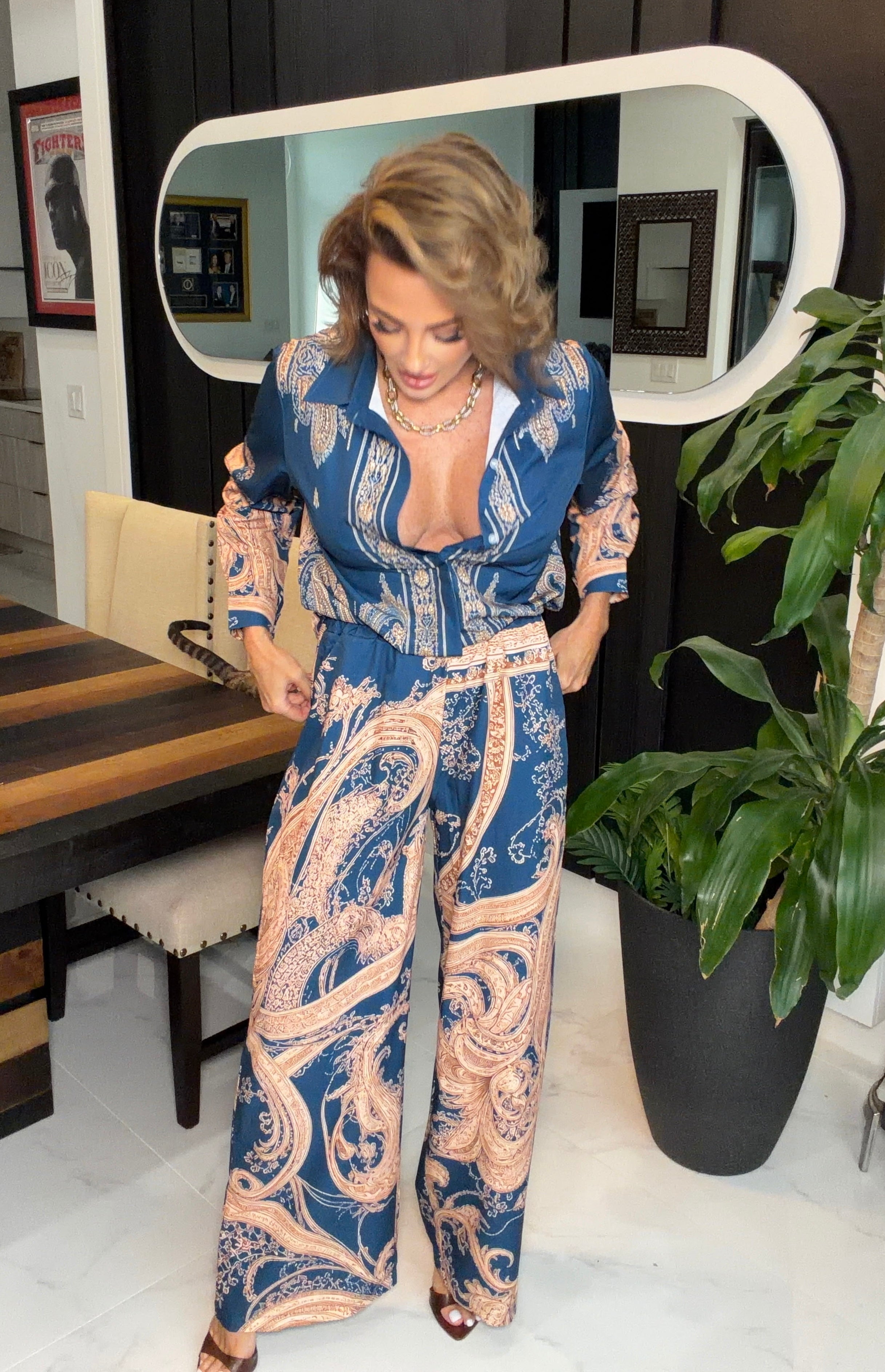Navy Ornate Print Two-Piece Pants Set