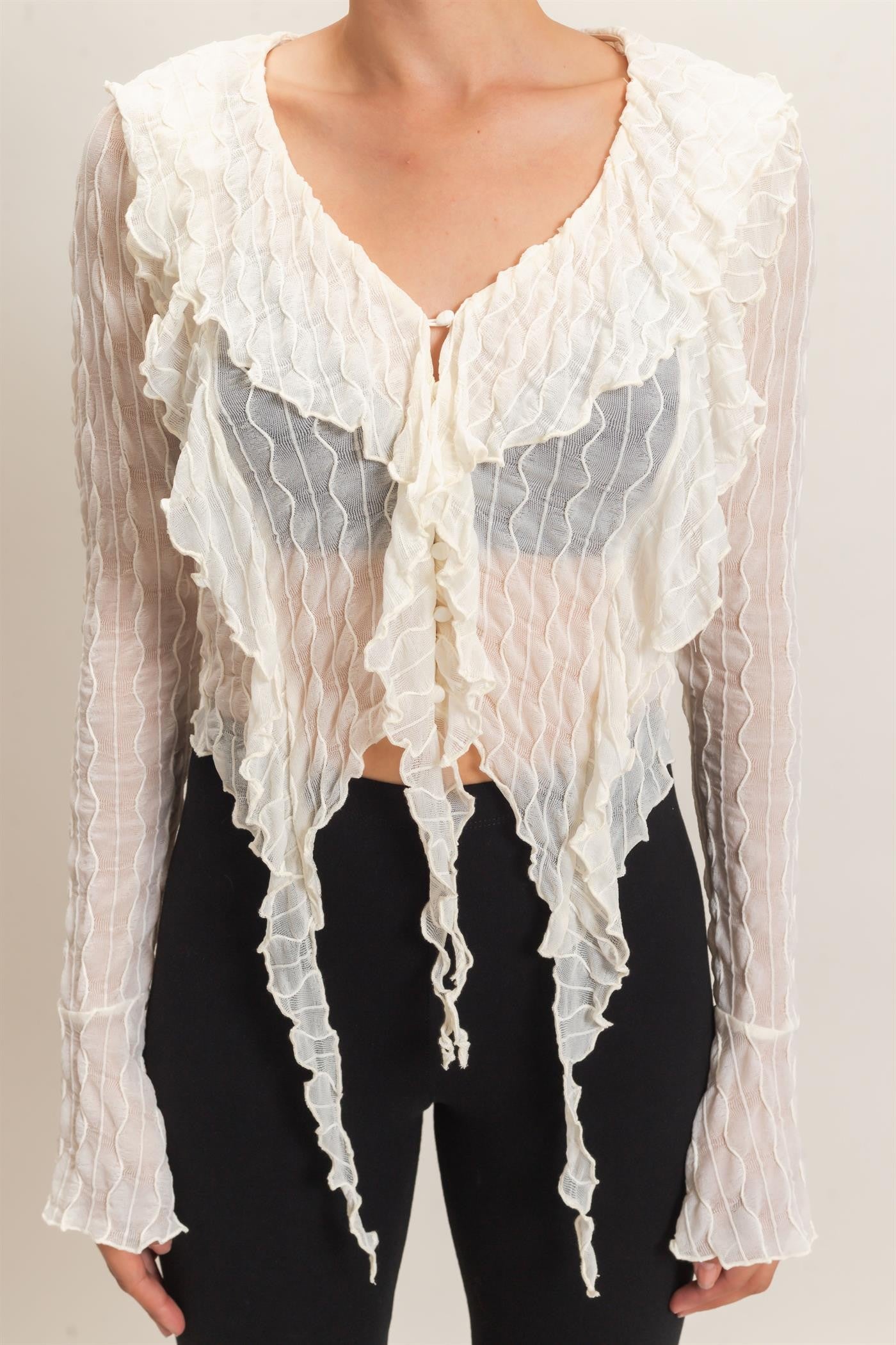 Textured V-neck Tie Front Top