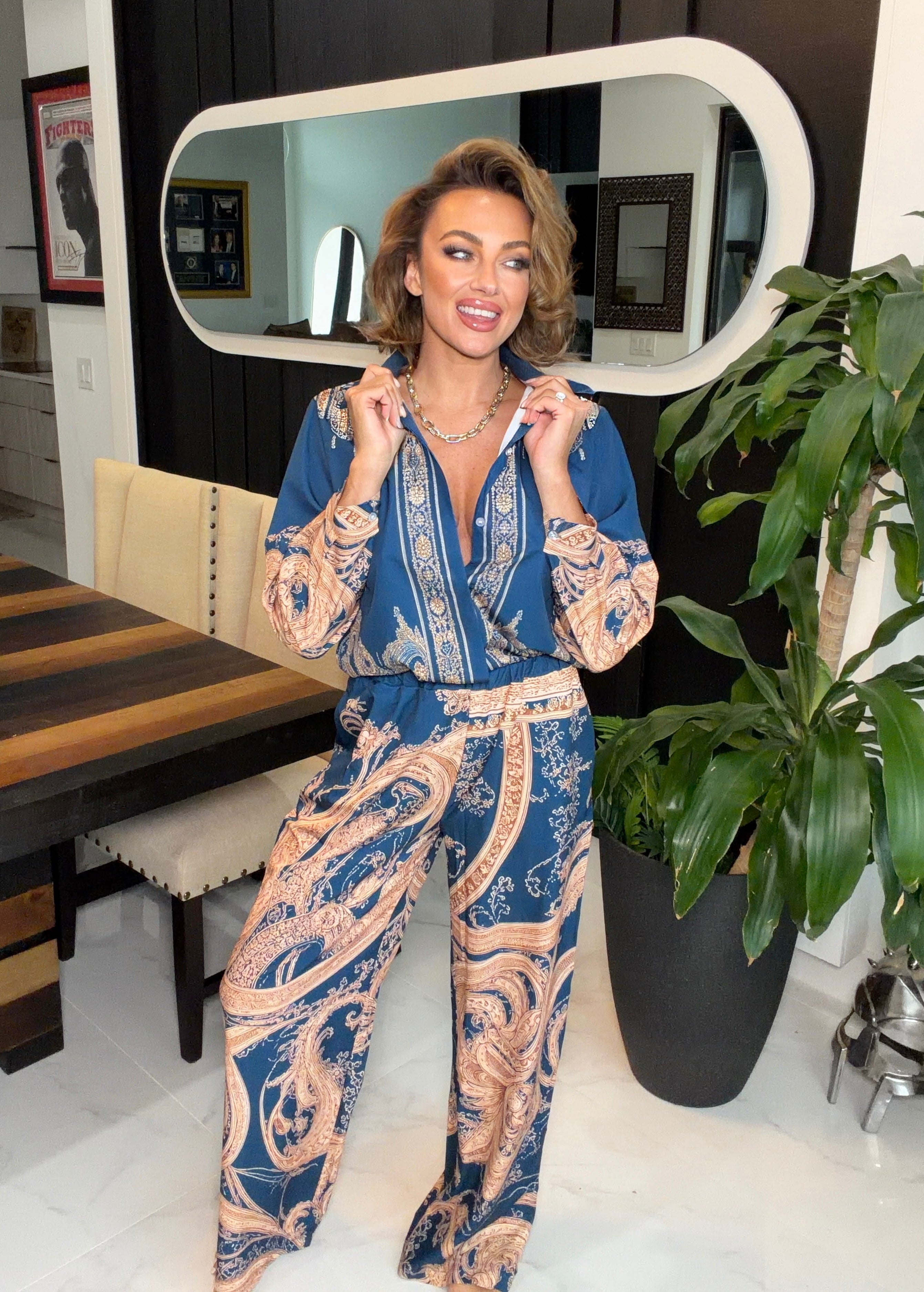 Navy Ornate Print Two-Piece Pants Set