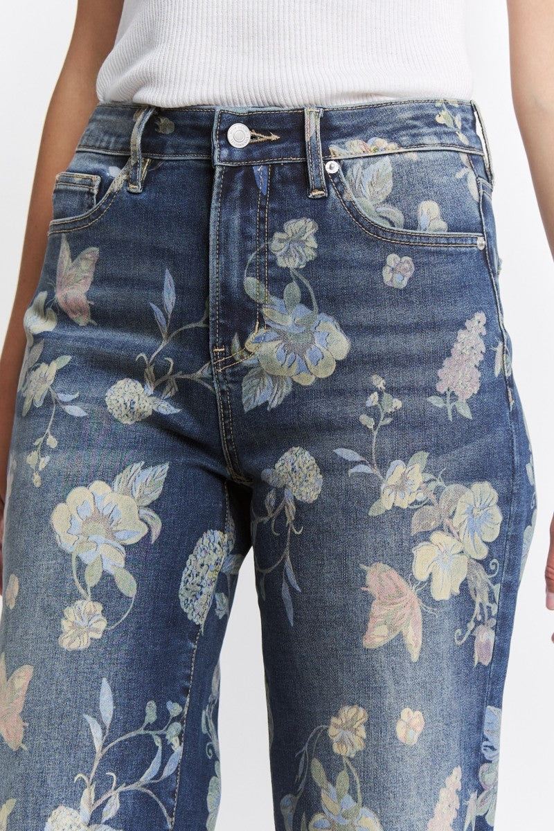High Rise Wide Leg Embellished Floral Denim Jeans - Back View