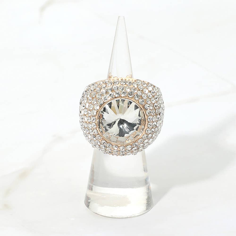 Bold Round Stone Accent Rhinestone Pave Statement Stretch Ring