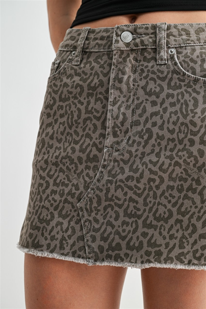 High Rise Raw Hem Mini Skirt Leopard