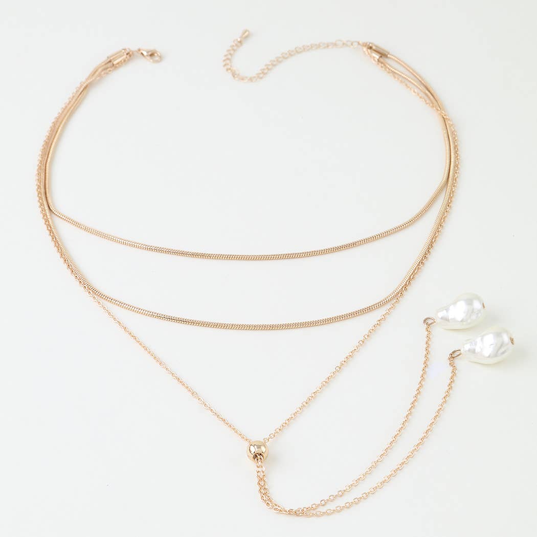 Multi Strand Gold Tone Layered Necklace With Baroque Pearl