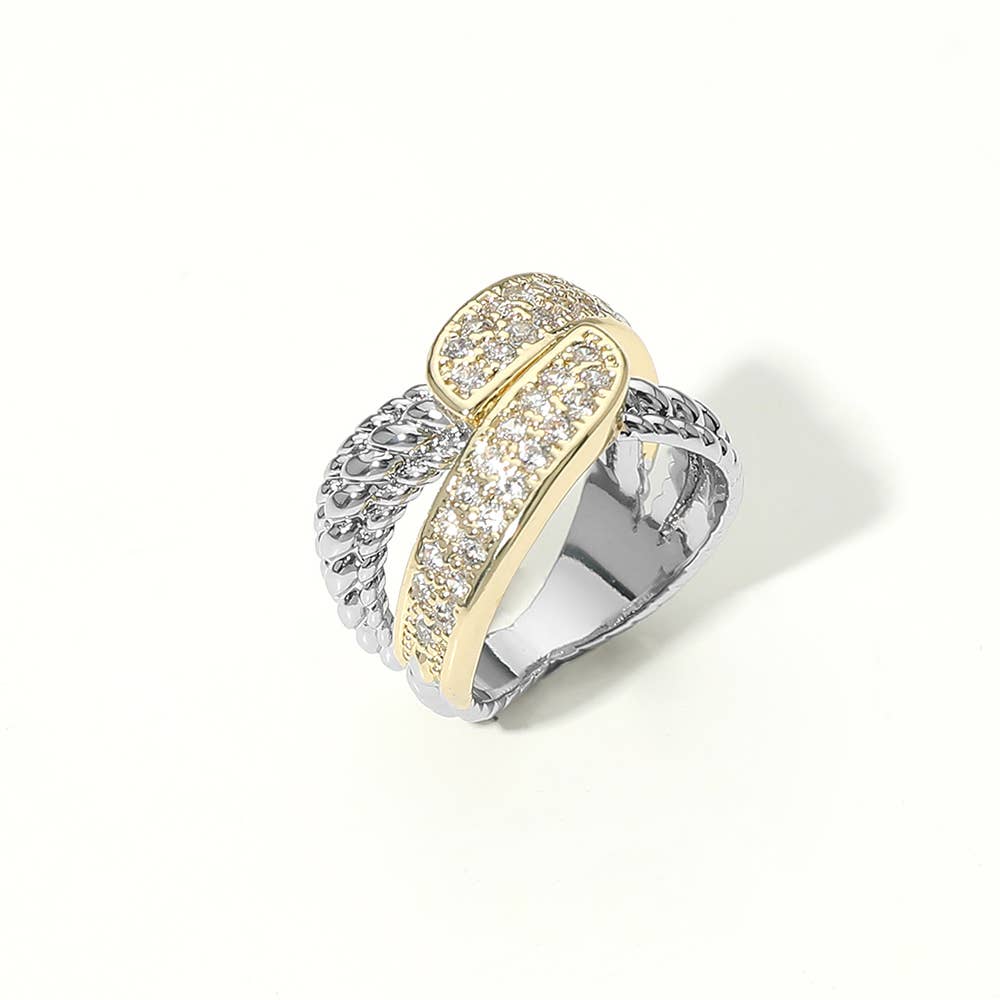 14K Gold Plated Two Tone CZ Pave Twisted Crossover Ring