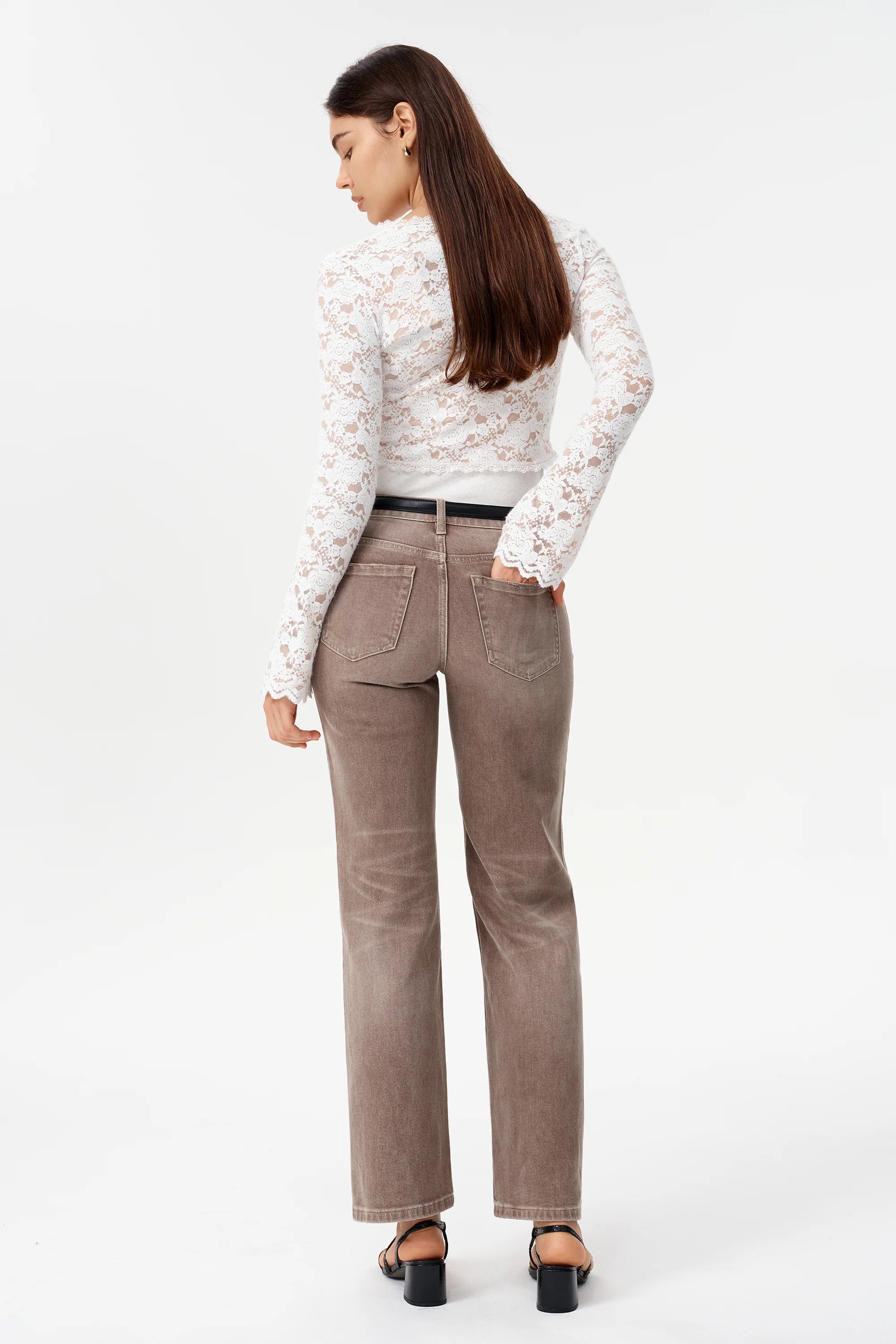 Coffee Wash Mid Rise Straight Leg Jeans