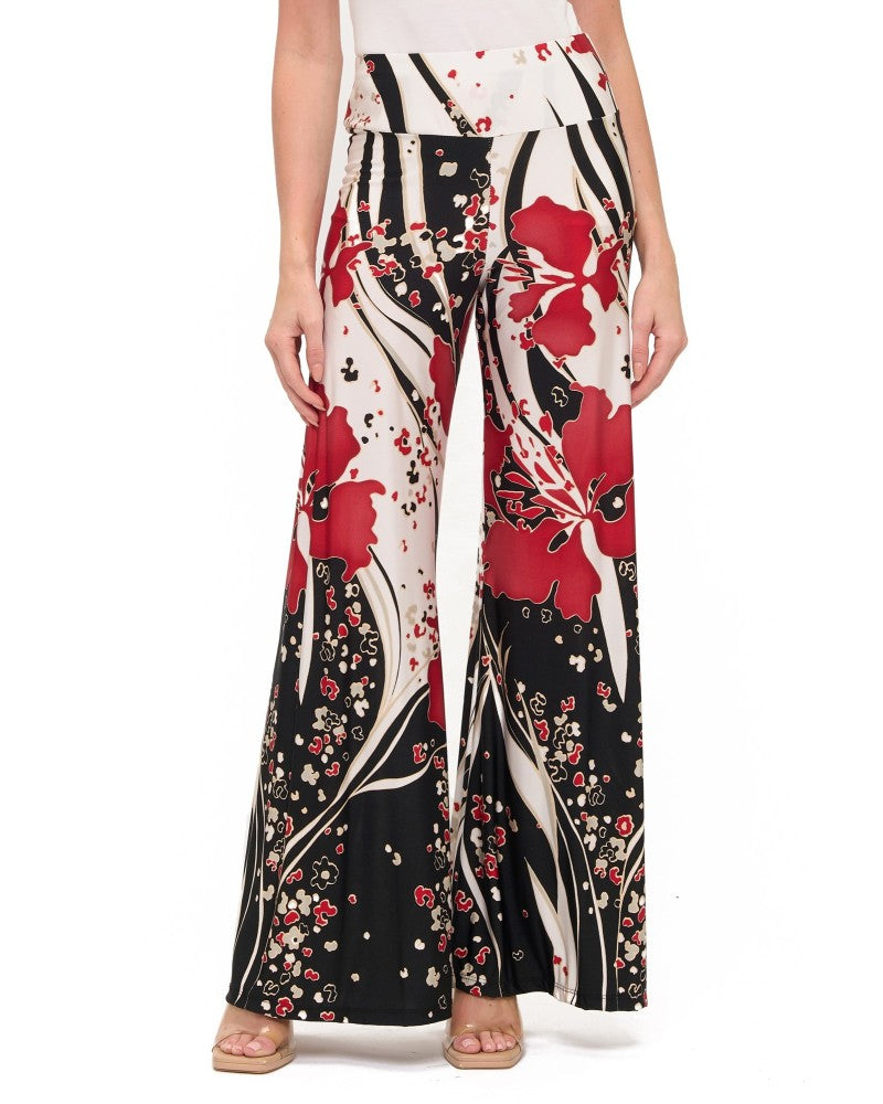 Floral Art Nouveau Print Wide-Leg Pants Crimson Black - Front View on Model