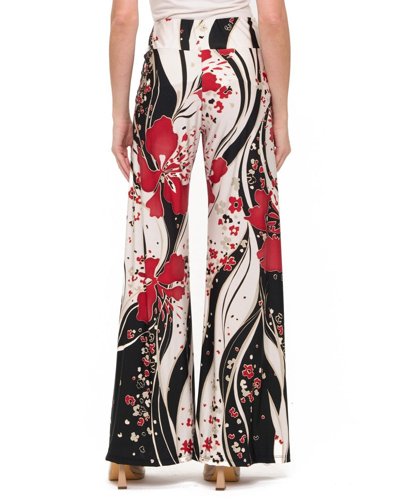 Floral Art Nouveau Print Wide-Leg Pants Crimson Black - Back Full Length View on Model