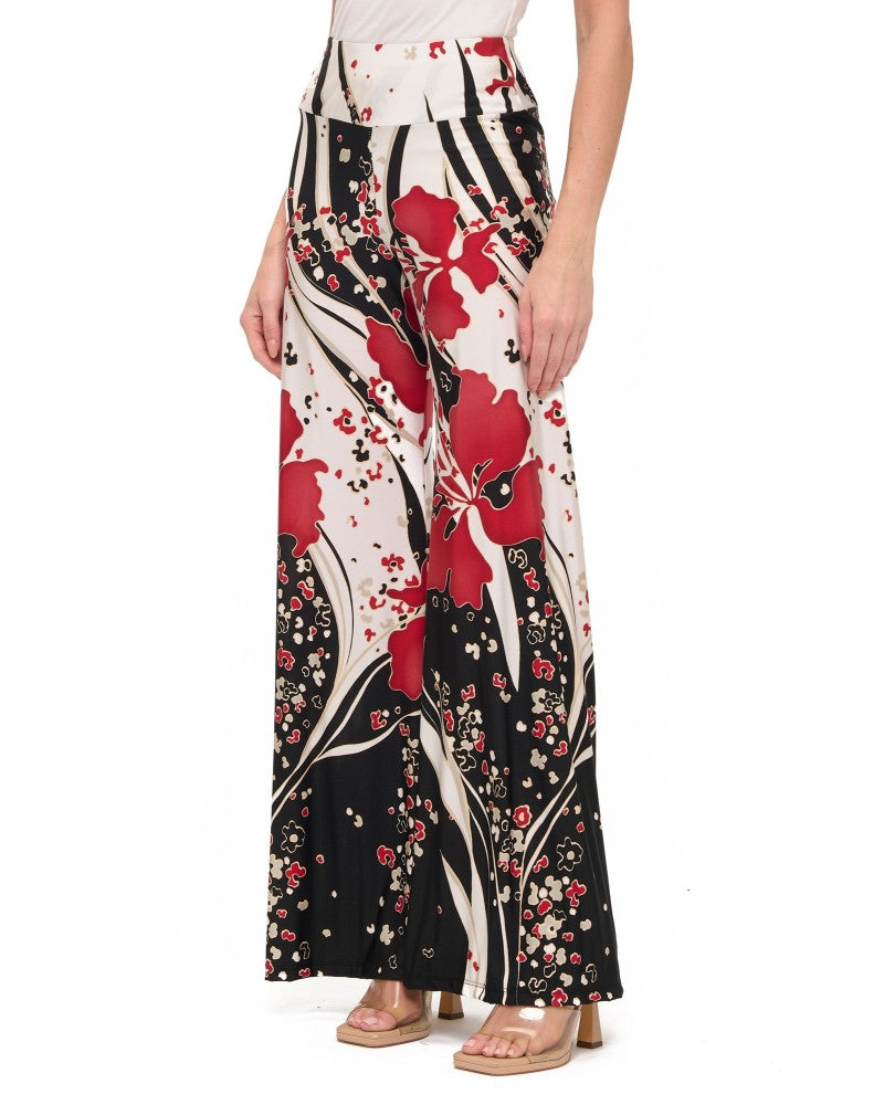 Floral Art Nouveau Print Wide-Leg Pants Crimson Black - Side Angle View on Model
