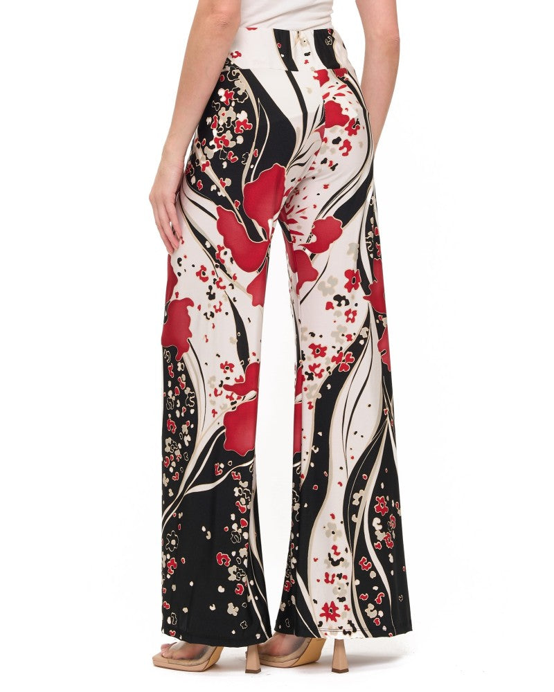 Floral Art Nouveau Print Wide-Leg Pants Crimson Black - Back View on Model Close-Up